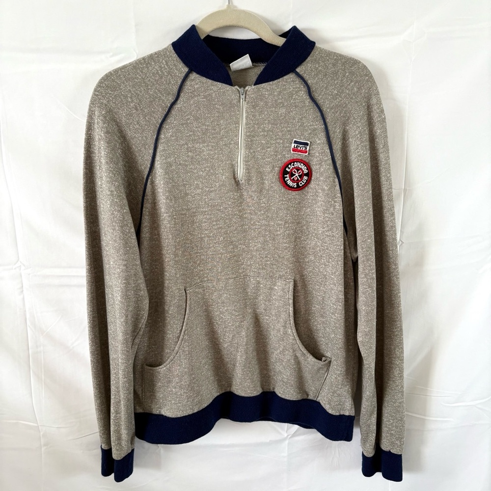 Vintage levis men’s track jacket quarter zip sweatshirt gray blue tennis patch